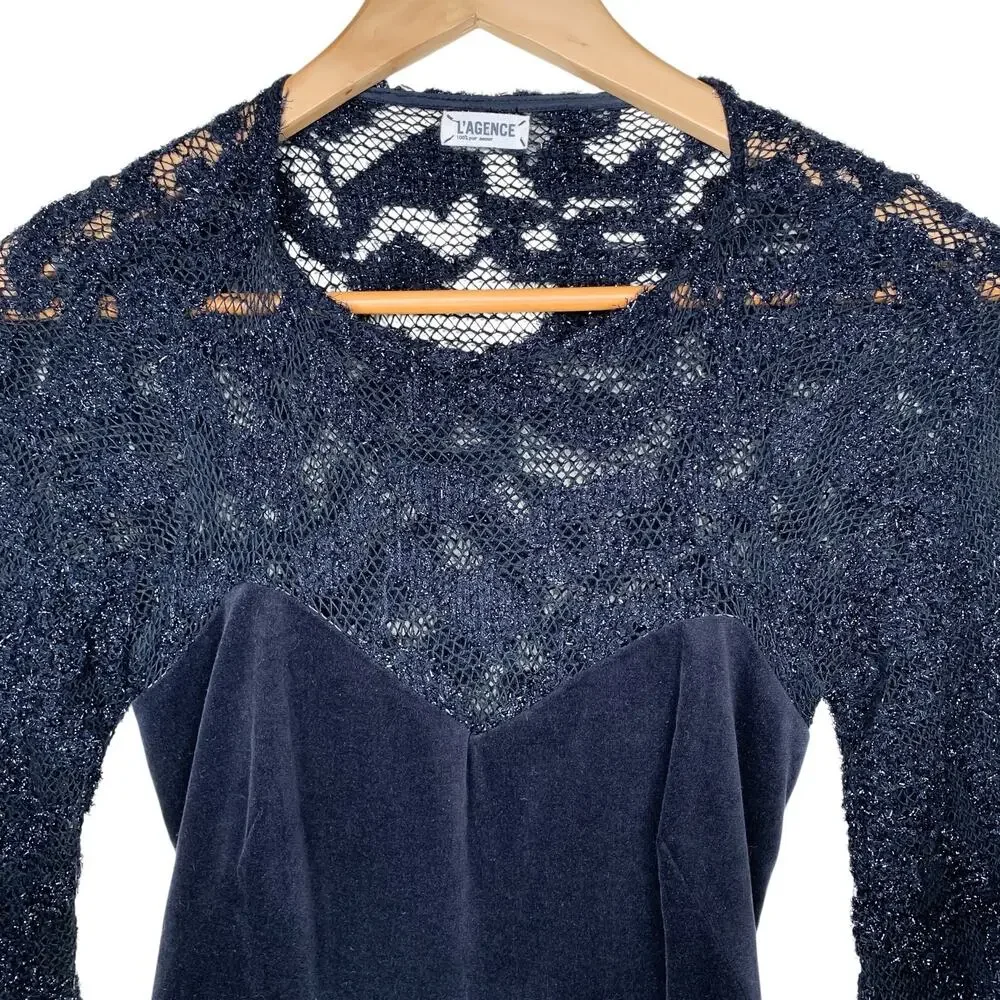 L’Agence Black Velvet Metallic Lace Yoke Dress Size 2